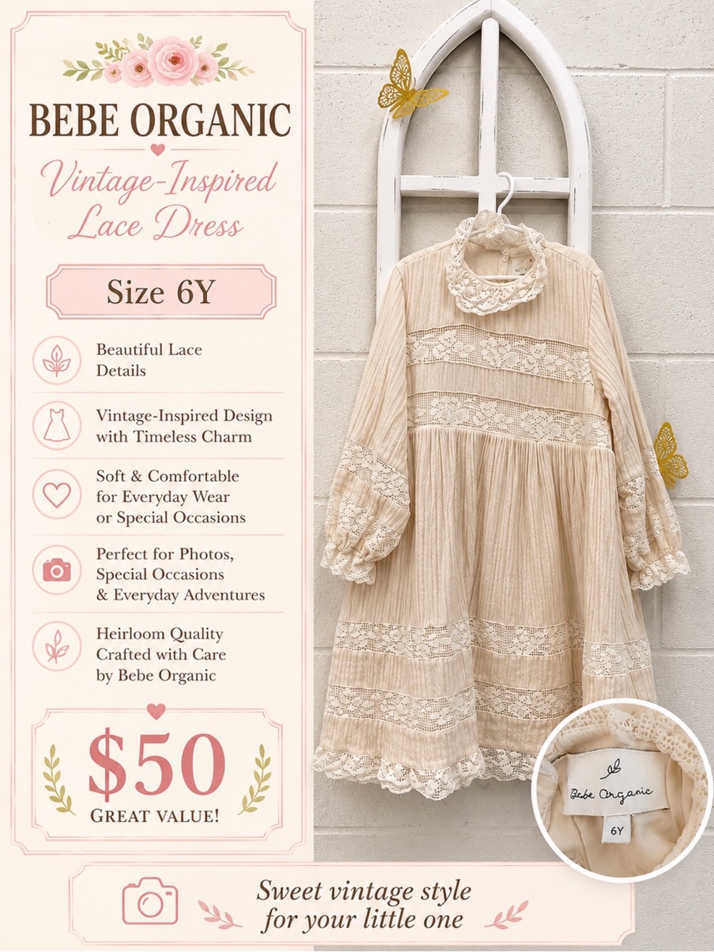 Bebe Organic Cream Vintage-Inspired Lace Kids Dress - 6Y